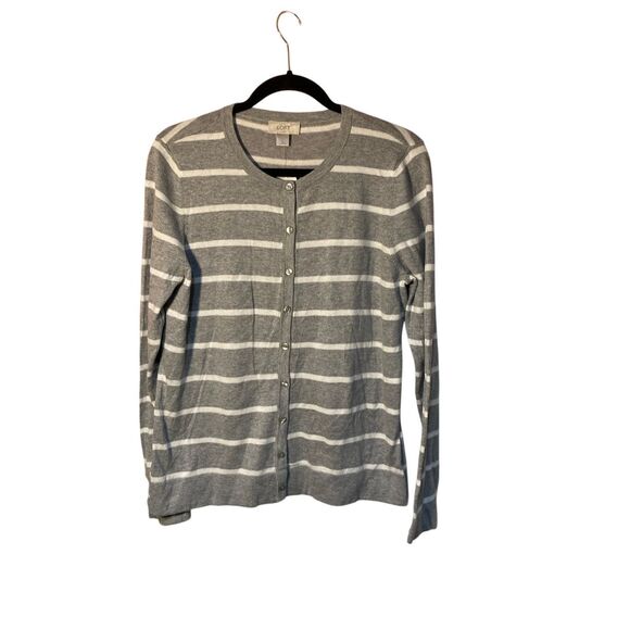 Loft women’s classic cardigan, gray and white striped sweater, size large - Picture 2 of 4